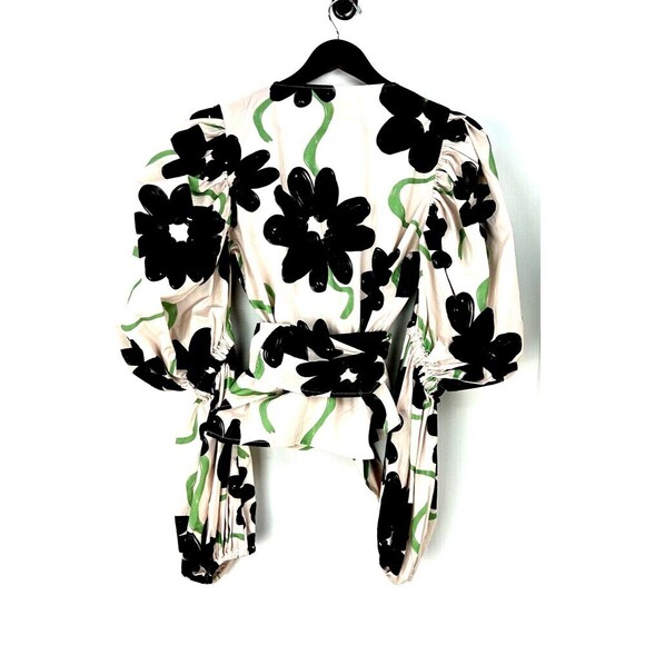 Alexandra Bueno Manglar Rebecca Shirt Women Sz L Pink Black Puff Sleeve Wrap Top - Picture 8 of 12